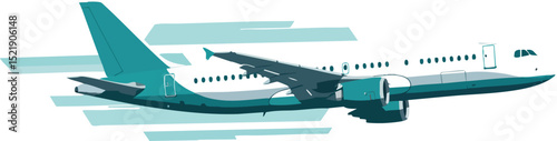 Commercial airplane flying in clear sky vector illustration with teal and white colors 
