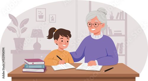 Grandmother Helping Grandchild Study at Home with Books and Learning Materials 