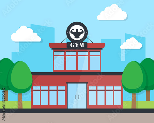 Gym Building Exterior with Blue Sky and Cityscape