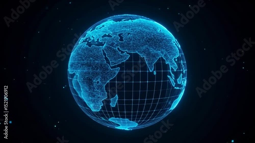 Rotating Digital Earth Globe Grid Wireframe with Futuristic Interface on Black Background