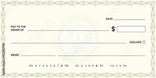 Blank bank check, checkbook cheque template or money payment paper voucher, vector mockup. Business or personal account cash pay cheque certificate or paycheck coupon from checkbook