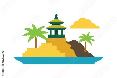Balinese temple near ocean cliffs and palm trees