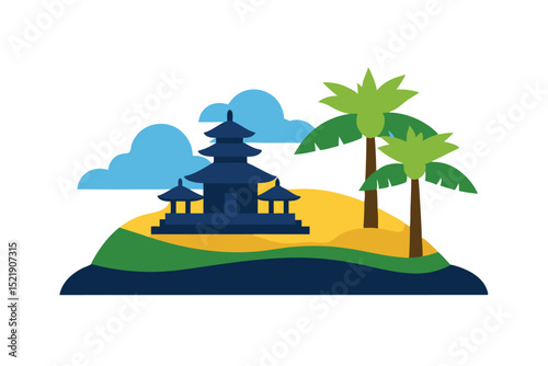  temple near ocean cliffs and palm trees