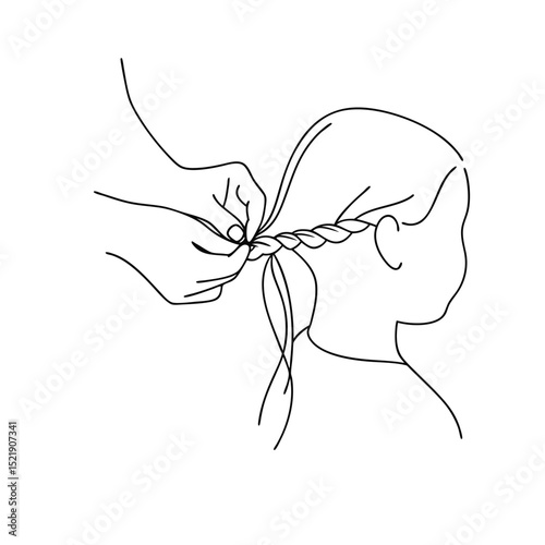 Simple line drawing of hands braiding a girls hair