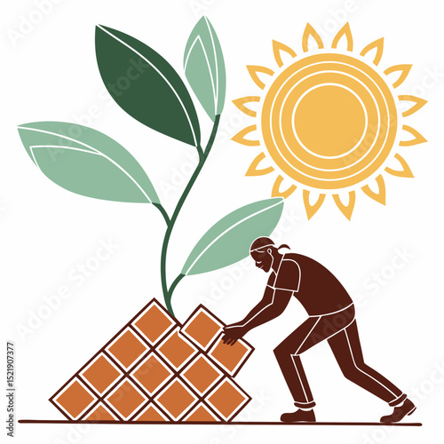 Sustainable Growth Man Building Blocks With Plant And Sun