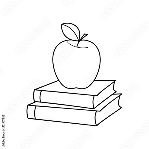 Back to school apple on stack of books one-line drawing