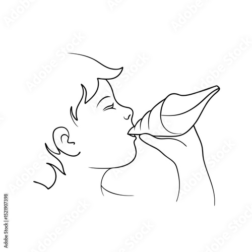 Child blowing a seashell one-line drawing illustration