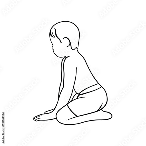 Toddler boy kneeling down one-line drawing illustration