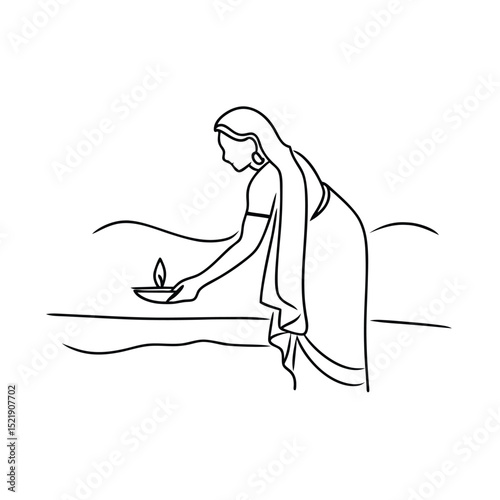 Woman in sari offering a lit lamp one-line drawing