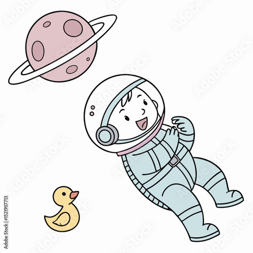 Astronaut Child Cartoon In Space With Duck