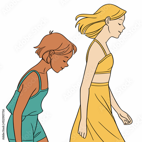 Two Girls Walking Cartoon Illustration
