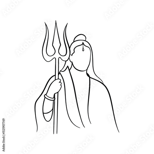 One-line drawing of hindu god shiva holding trishul