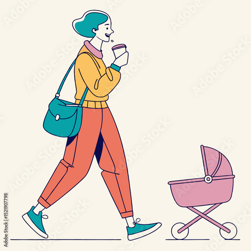 Modern Mom Strolling With Coffee & Baby Stroller