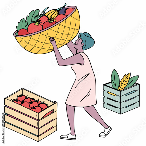 Harvest Time Woman Carrying Basket Of Fresh Vegetables