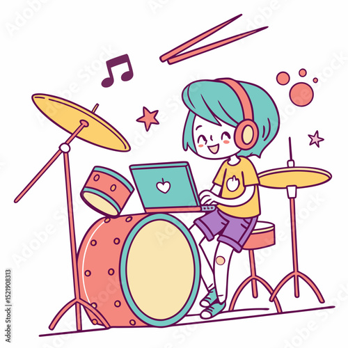 Cute Drummer Girl Composing Music Online
