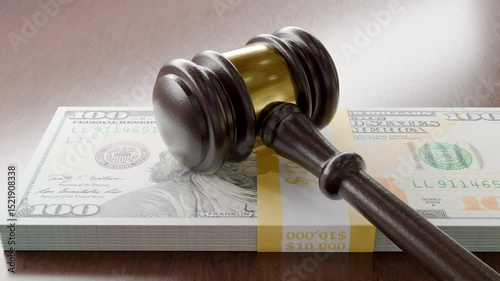 Dramatic Dolly Camera Movement of Gavel Resting on Stack of One Hundred Dollar Bills.