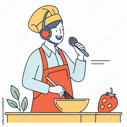 Culinary Podcast Chef Cooking With Headphones And Microphone
