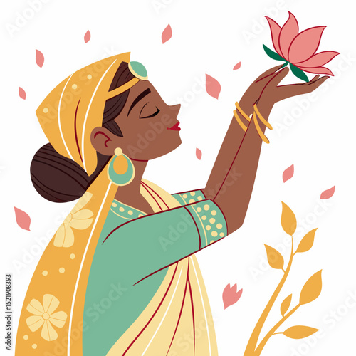 Indian Woman Offering Lotus Flower