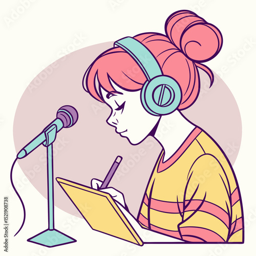 Podcast Creator Woman Recording Audio With Tablet And Headphones