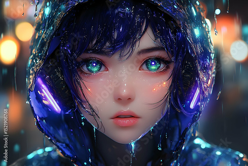 Anime-style portrait A young girl in a blue, hooded jacket with vibrant green eyes and neon accents in the rain