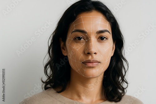 Close-up of woman with facial geometry mapping for 3D face recognition. Biometric ID concept with digital mesh lines. Futuristic identity and AI scanning technology