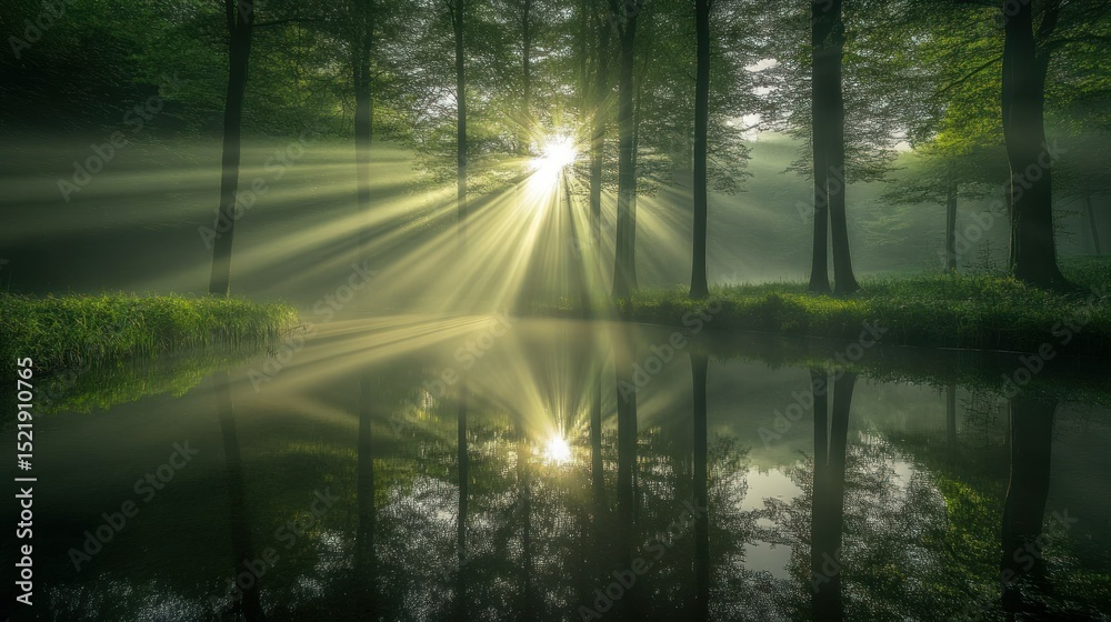 Fototapeta premium Sunlight shining through trees reflecting in calm water gracefully