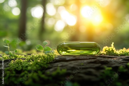 Green herbal supplement pill resting on mossy wood in nature with sunlight