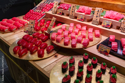 Wagyu beef sushi at Nishiki Market, a marketplace in Kyoto, Japan