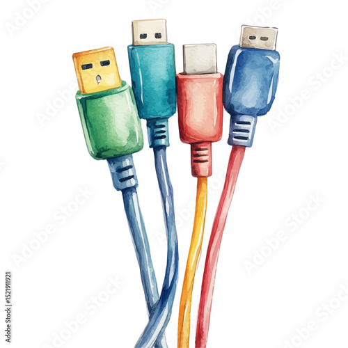 watercolor vector of Charging Cables Type-C Lightning Micro USB, high quality, isolated on a white background.
