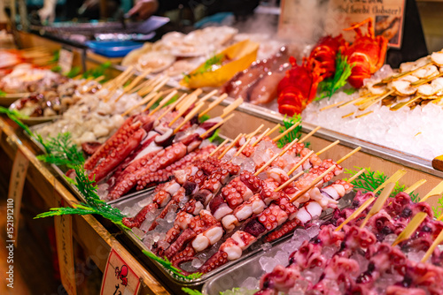 Seafood shop in Nishiki Market, a marketplace in Kyoto, Japan