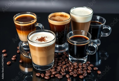 Wallpaper Mural Glass cups of cappuccino, americano, latte macchiato, & espresso on a reflective black surface with coffee beans,  dark,  detail Torontodigital.ca