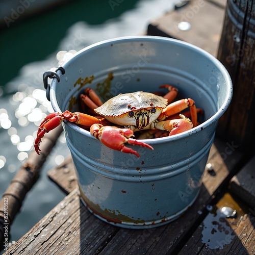 Crab inside metal bucket, Freshly caught by fisherman, Rustic dock setting, Authentic seafood harvesting