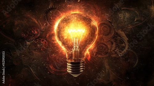 Conceptual image of a glowing light bulb representing a brilliant idea with gears and cogs swirling around it