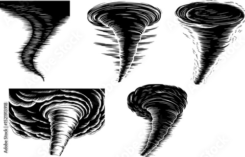 Line Art Tornado Silhouette vector  Set – Cyclone, Twister, Funnel Cloud and Windstorm Illustration – Hand-Drawn Weather Disaster Icons on Transparent Background