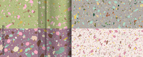 Set Mocha Mousse color 2025 2026 seamless terrazzo patterns. Pattern for ceramics marble natural stone. Vector stock illustration textured