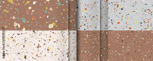 Set Mocha Mousse color 2025 2026 seamless terrazzo patterns. Pattern for ceramics marble natural stone. Vector stock illustration textured