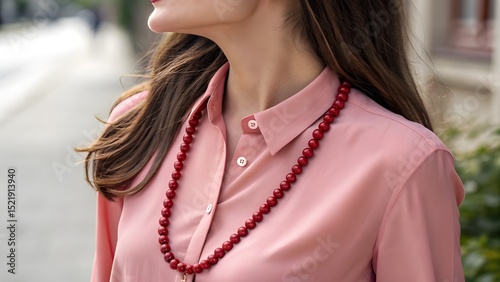 A beautiful woman wear jewellery in a pink dress