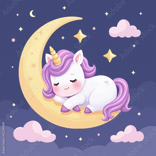 Kawaii unicorn sleeping on moon, Surrounded by pastel stars, Dreamy cartoon bedtime scene, Whimsical chibi style drawing