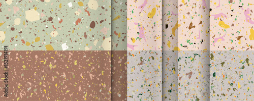 Set Mocha Mousse color 2025 2026 seamless terrazzo patterns. Pattern for ceramics marble natural stone. Vector stock illustration textured
