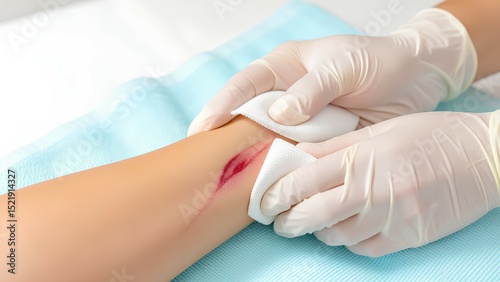 A healthcare professional cleans and dresses a deep wound on a person's forearm with sterile gauze.