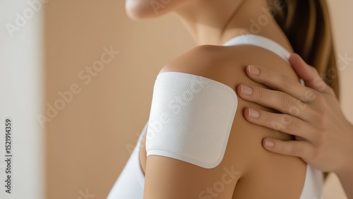 A woman applies a white adhesive patch to her upper arm for pain relief or muscle recovery.