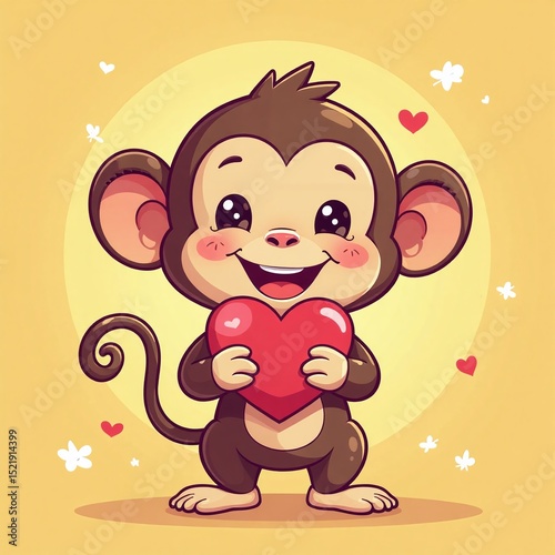 Friendly monkey cartoon holding heart, Loving gesture, Cute smiling face, Bright warm background, Animated style