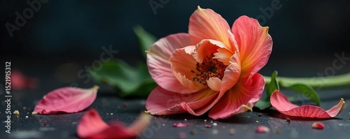 A close-up shot of a wilting flower, petals falling, signifying the finality of death and decay , perishing, total destruction, expiring