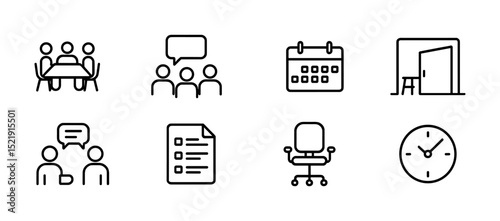 Office communication line icon set. meeting, discussion, calendar, chair icons line collection