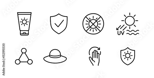 Sun protection outline icon set. sunscreen, uv safety, hat, shield icons collection