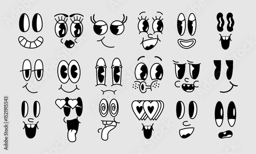 Comic style facial expressions set. Funky vector. Psychedelic. Vintage and retro style. Cute character. Smile, eyes, nose. Joyful, happy, sad, angry. Groovy collection. Emotions. Mascot stickers