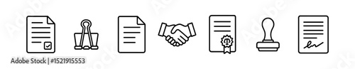 Legal, contract outline icon set. documents, agreement, seal, signature line icons