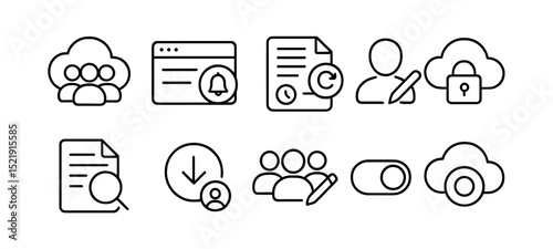Communication, data outline icon set. network, privacy, users, notification outline collection