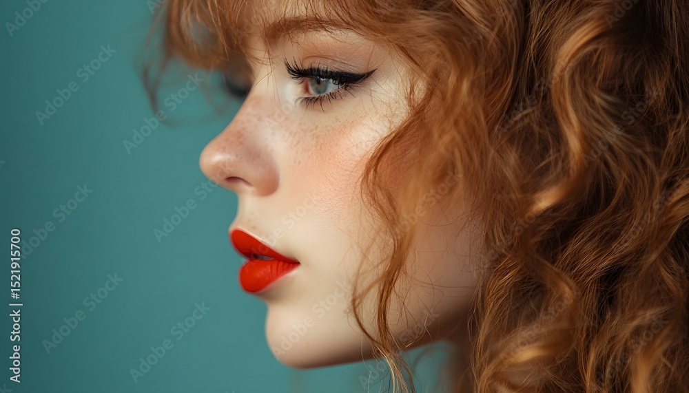 Fototapeta premium Close-up profile of a woman with red curly hair and vibrant lipstick.
