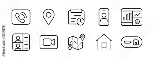 Communication, navigation outline icon set. maps, calls, meetings line style collection
